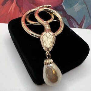 Coiled Rattlesnake with Dangling Baroque Pearl Brooch